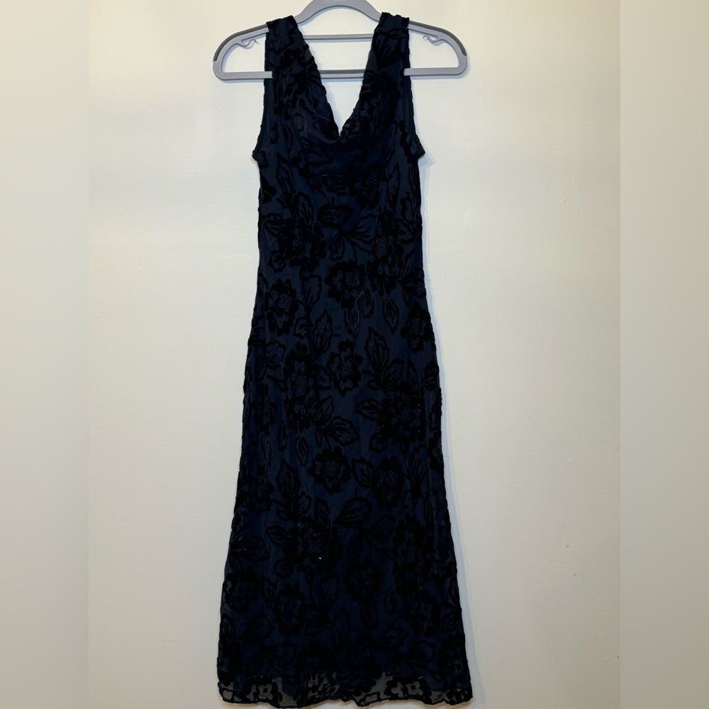 SOLD! Vintage 90s Black and Navy Beaded, Cowl neck Maxi Dress